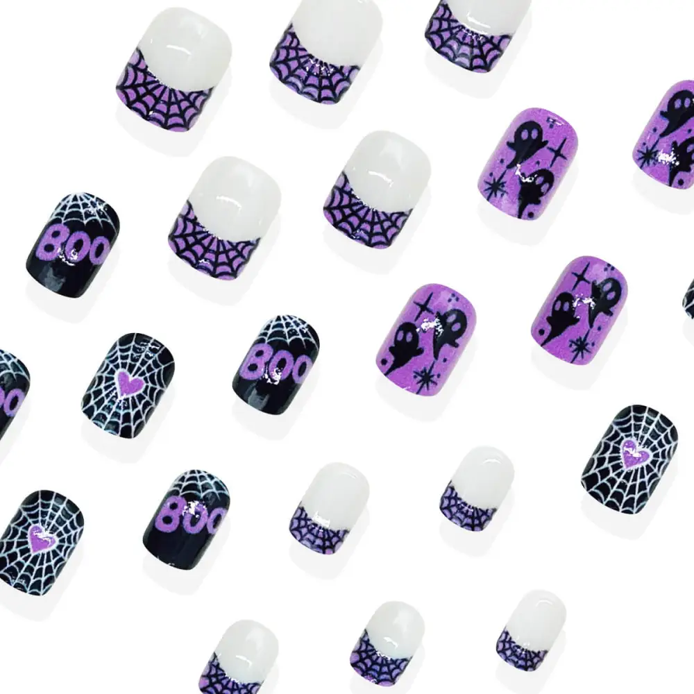 Nailhour 24Pcs French Short Square Purple Ghost Press On Nails