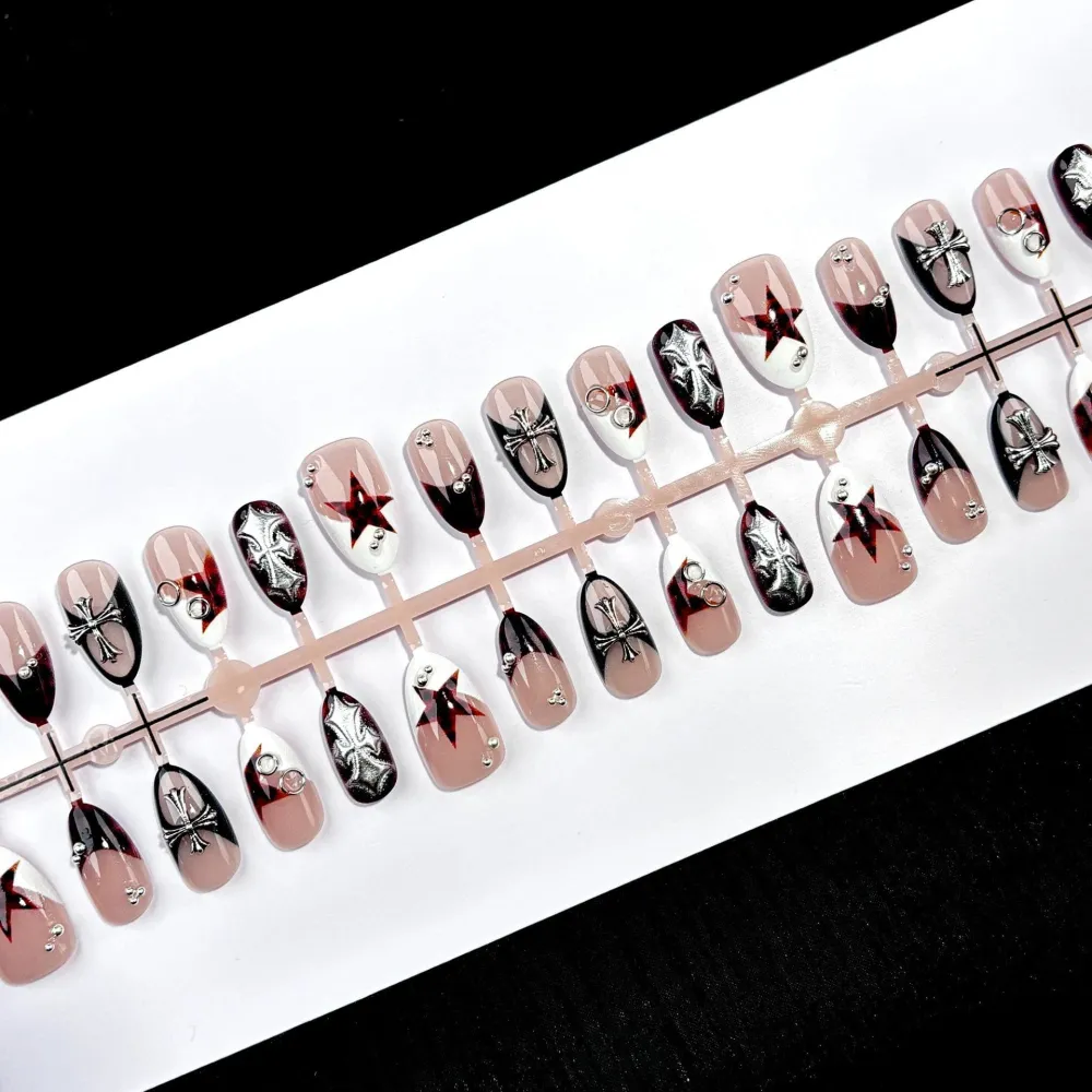 Nailhour 30Pcs Y2K Chrome Hearts 3D Medium Almond French Press On Nails