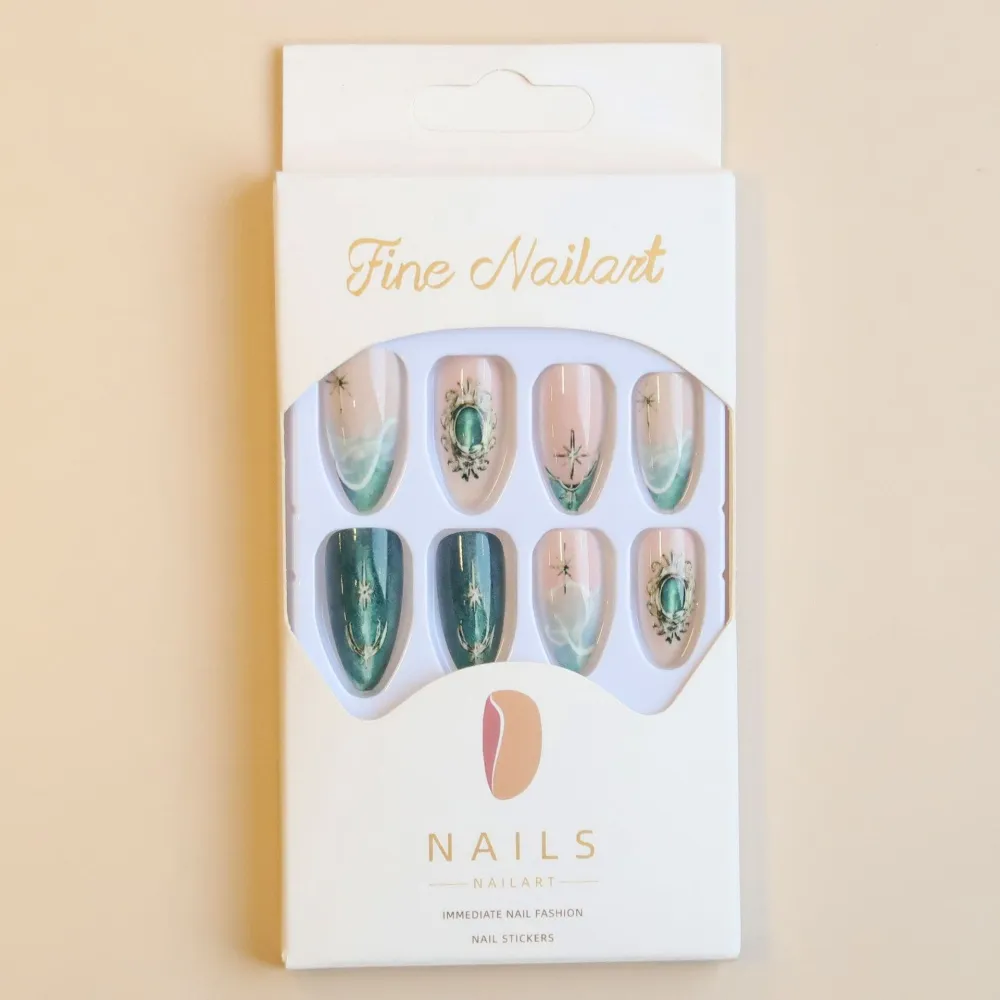 Nailhour 24Pcs 3D Gilded Green Medium Almond Press On Nails
