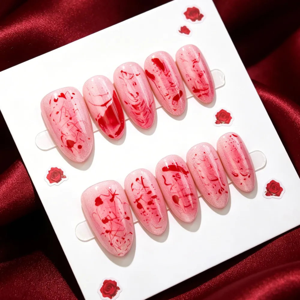 Nailhour 30Pcs Red Blood French Halloween Short  Almond Press On Nails
