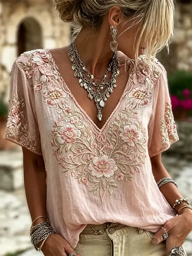 Women's Floral Art Cotton Linen V-Neck Short Sleeved Top