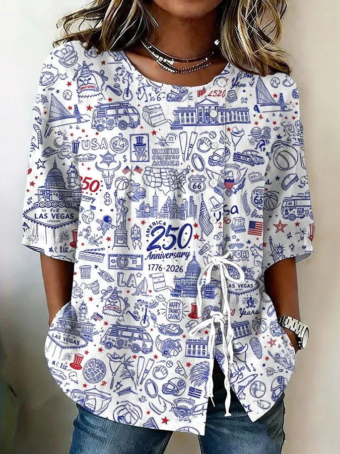 Women'S Retro Independence Day Flag Flower Art Casual Short Sleeved Shirt
