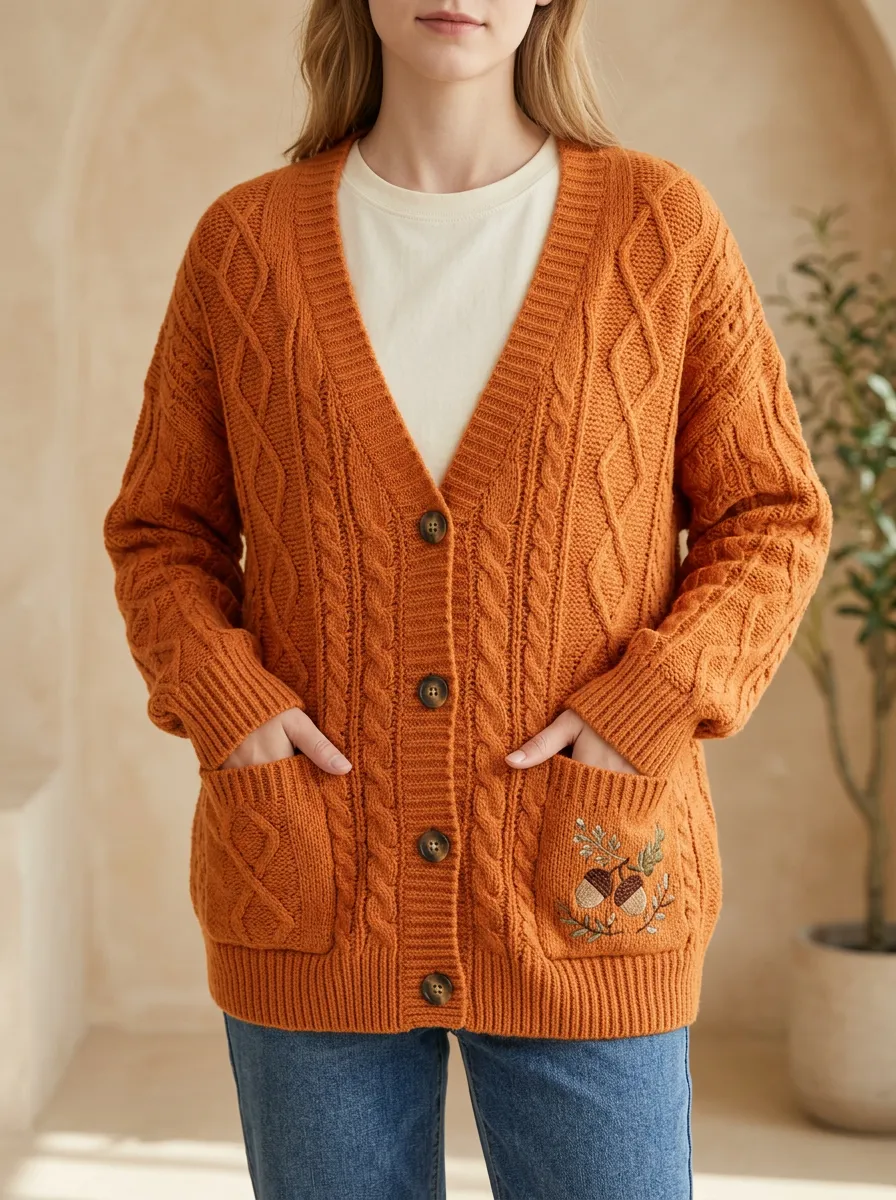 Botanical Acorn Cable Embroidered Women's Knit Cardigan
