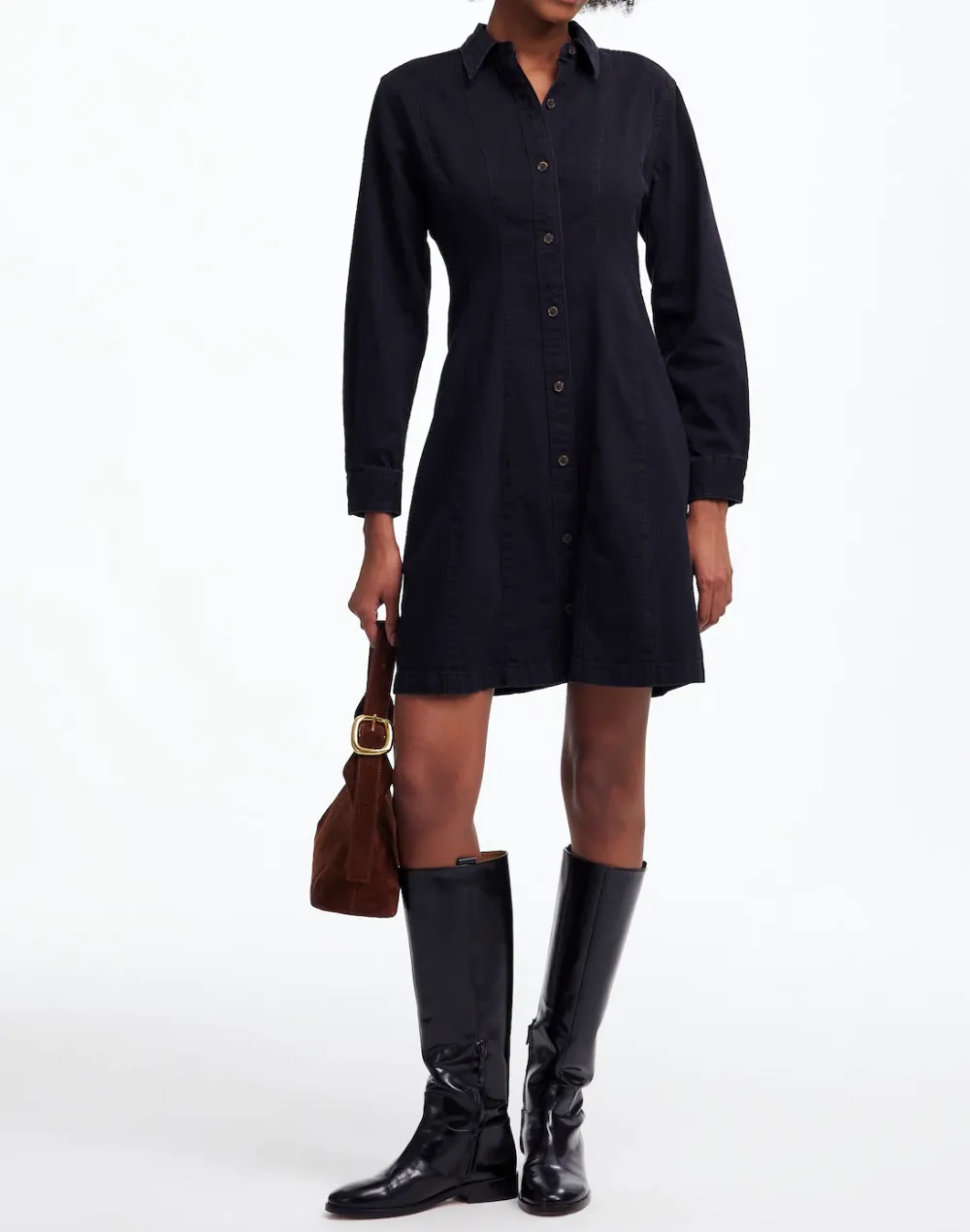 Denim Seamed Mini Dress In Washed Black