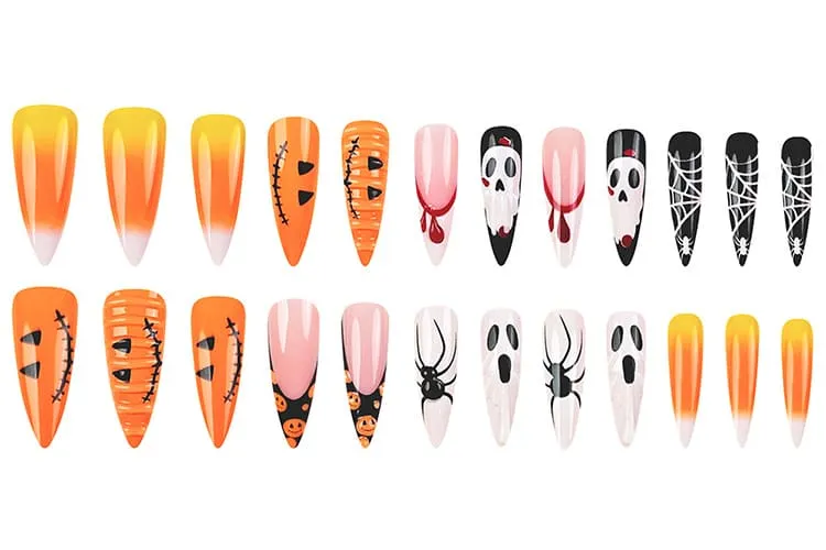 Nailhour 24Pcs Pumpkin Spider Halloween 3D Long Stiletto Press On Nails