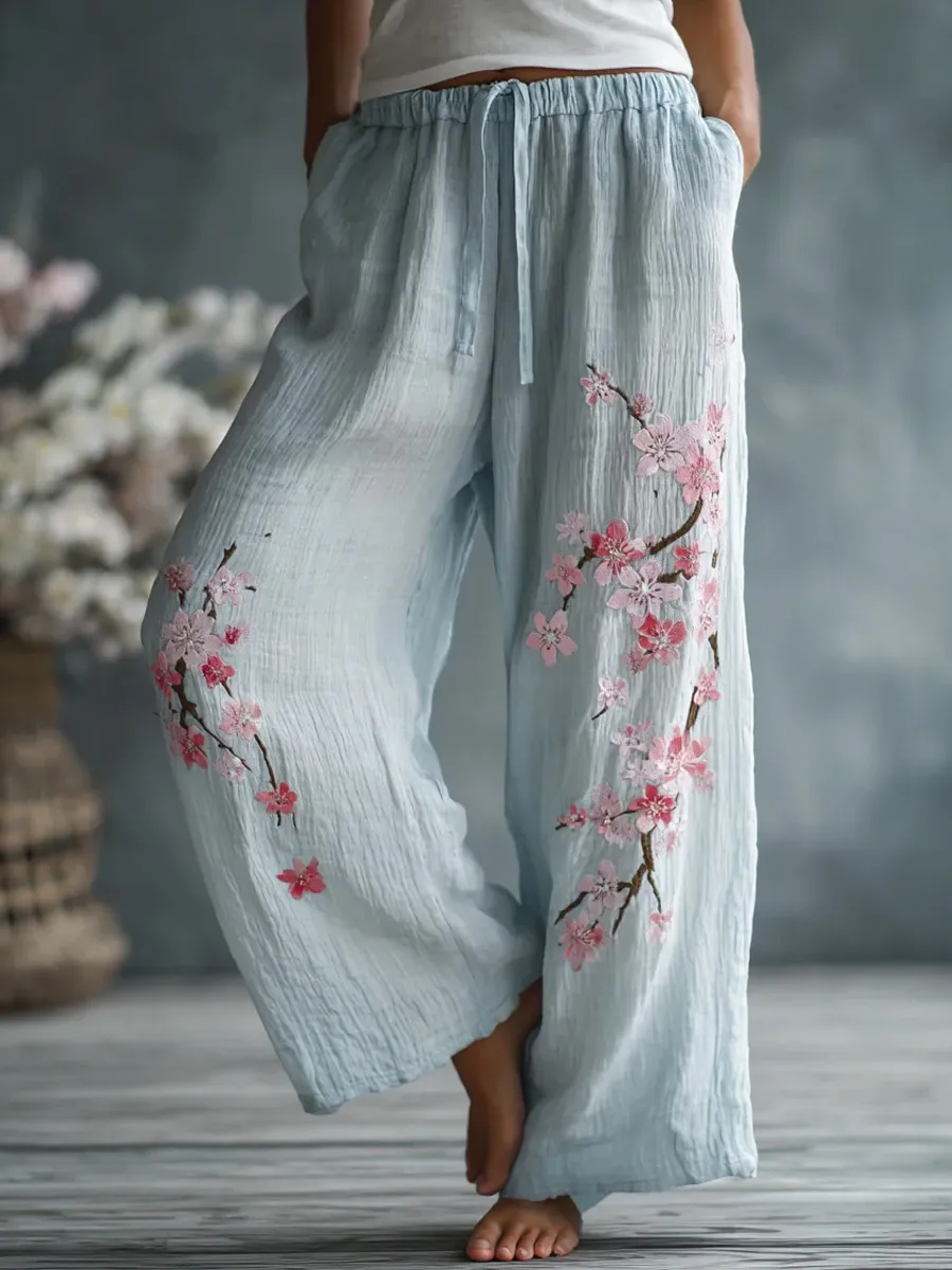 Women's Japanese Floral Pattern Linen Pants