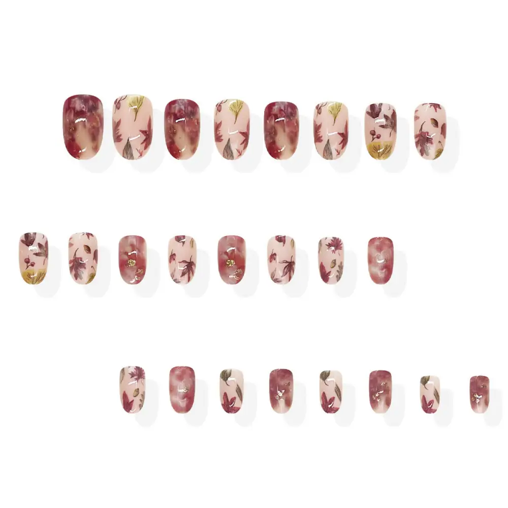 Nailhour 24Pcs Short Oval Maple Leaves Berries Press On Nails