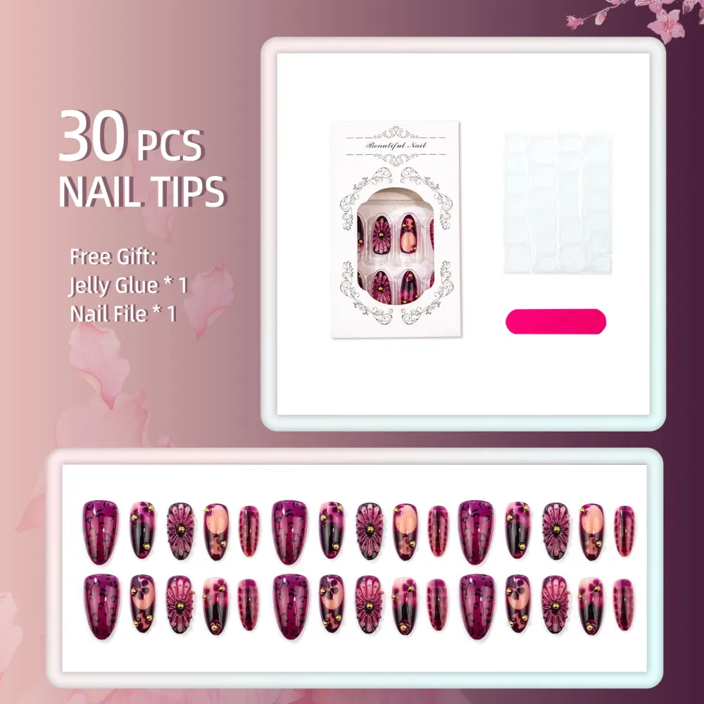 Nailhour 30Pcs Floral Purple 3D Medium Almond French Press On Nails