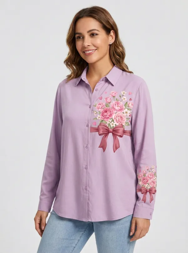 Women's Breast Cancer Awareness Floral Bow Printed Button-Down Shirt
