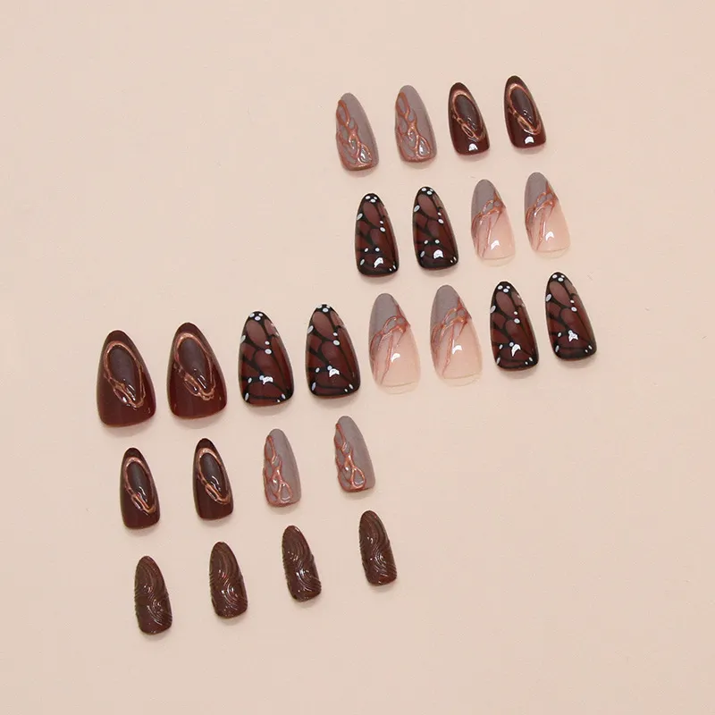 Nailhour 24Pcs Ripple Butterfly Brown Autumn Press On Nails