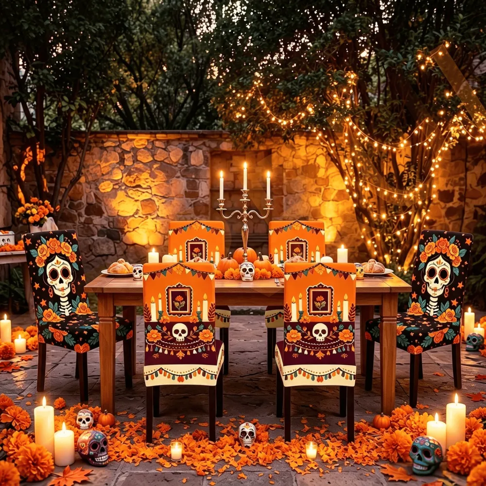 2Pcs Halloween Flower Skull Dining Chair Decoration Chair Cover