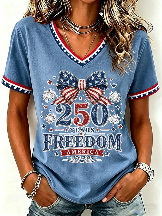 Women'S America Flag Print Casual V-Neck T-Shirt