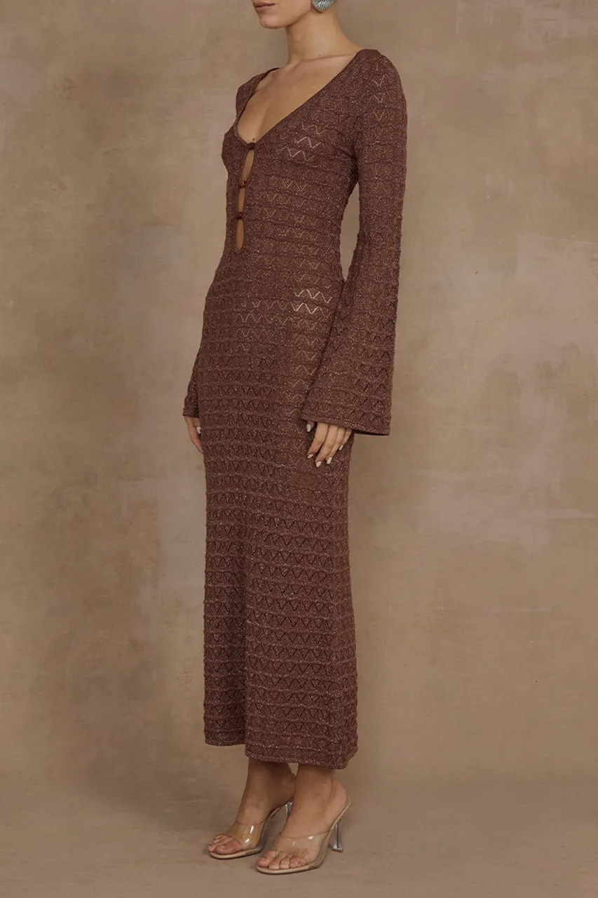 Long Sleeve Button Detail Knit Midi Dress