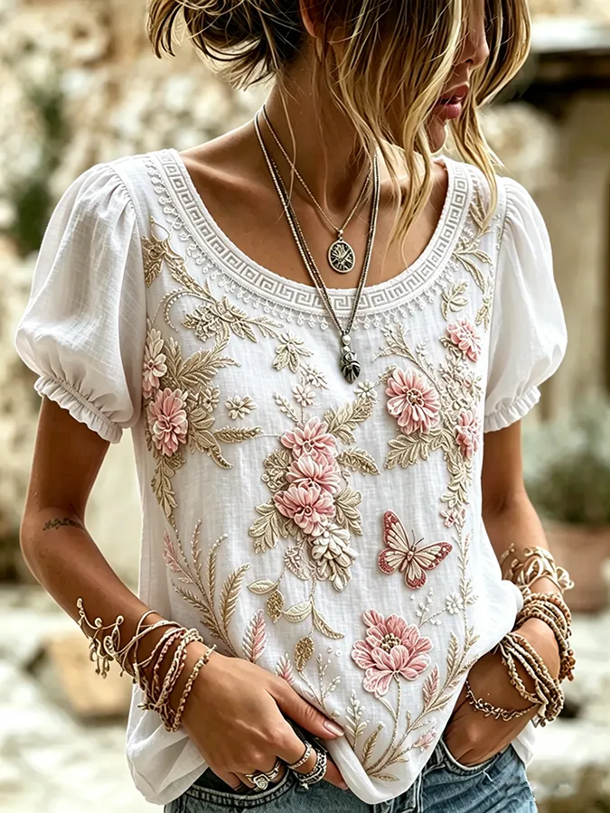 Women's Boho Floral Patchwork Embroidered Puff Sleeve Top