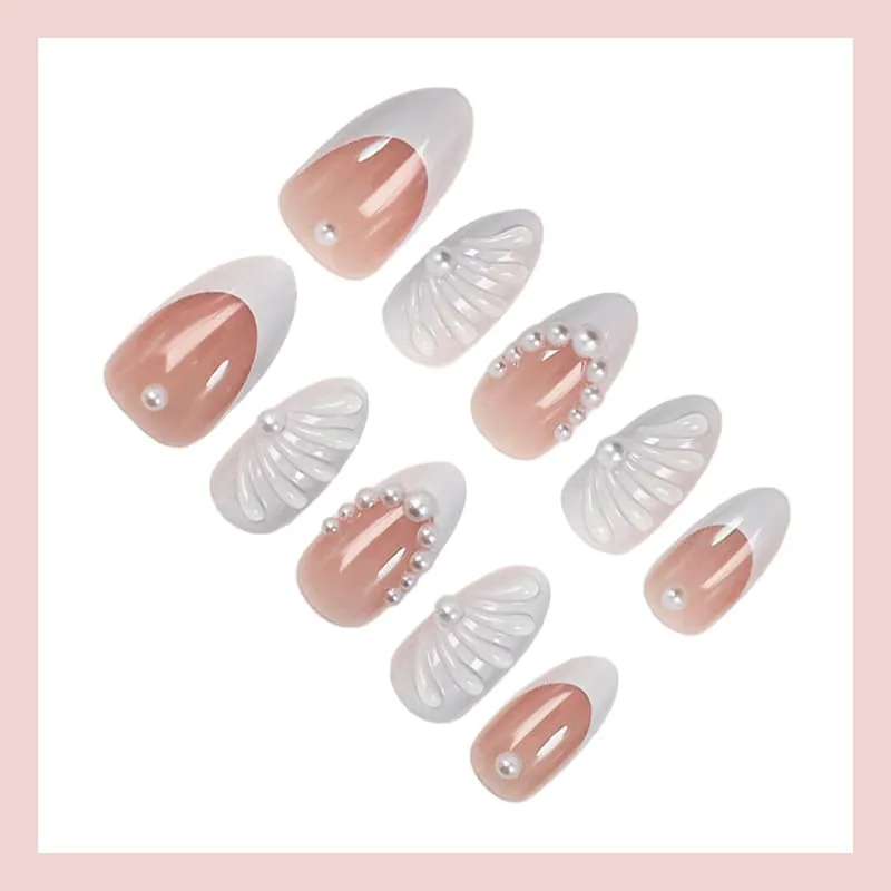 Nailhour 30Pcs White Pearl 3D Medium Almond French Press On Nails
