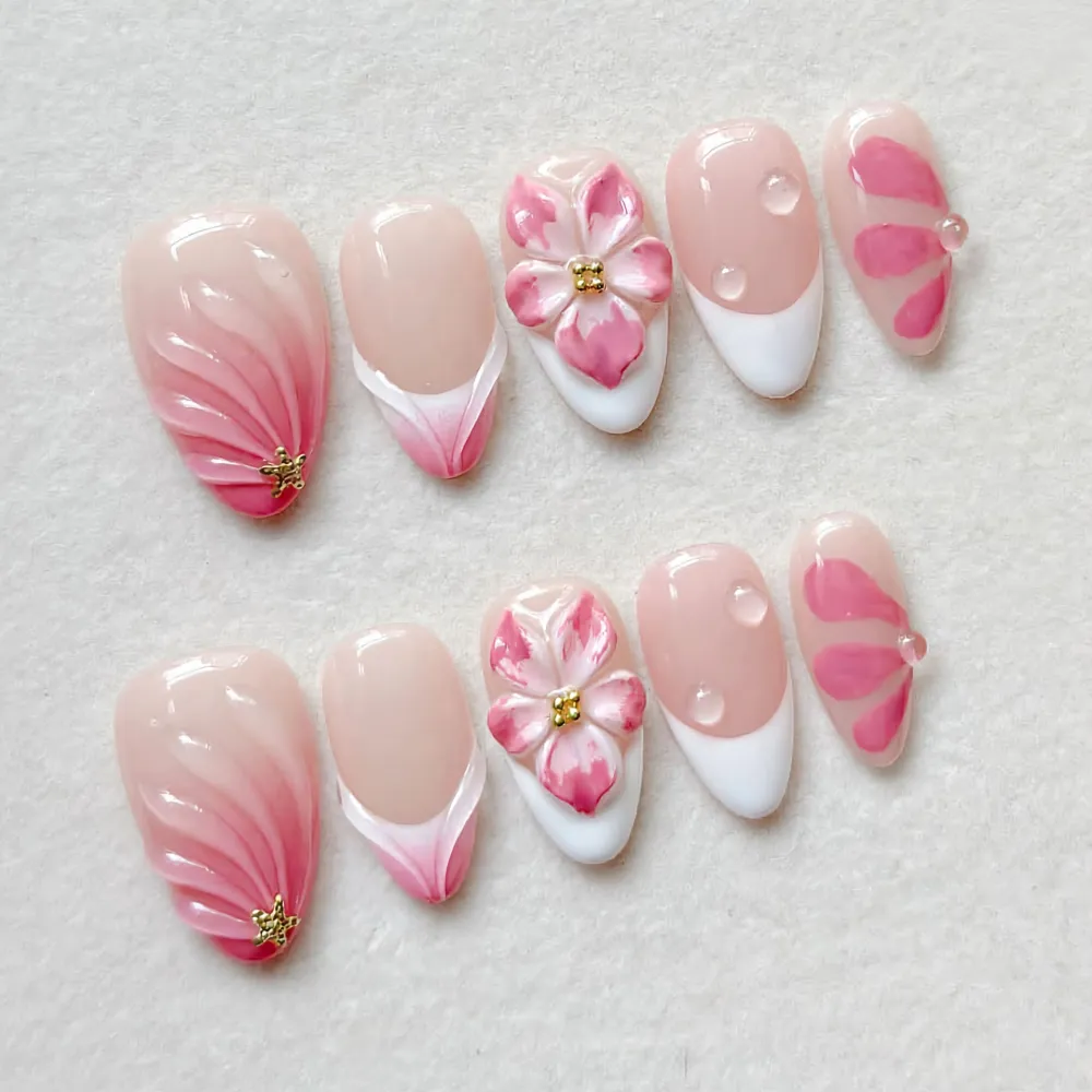 Nailhour 30Pcs Floral Gradient 3D Medium Almond French Press On Nails
