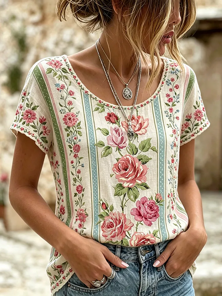 Women's casual floral print cotton and linen round neck top