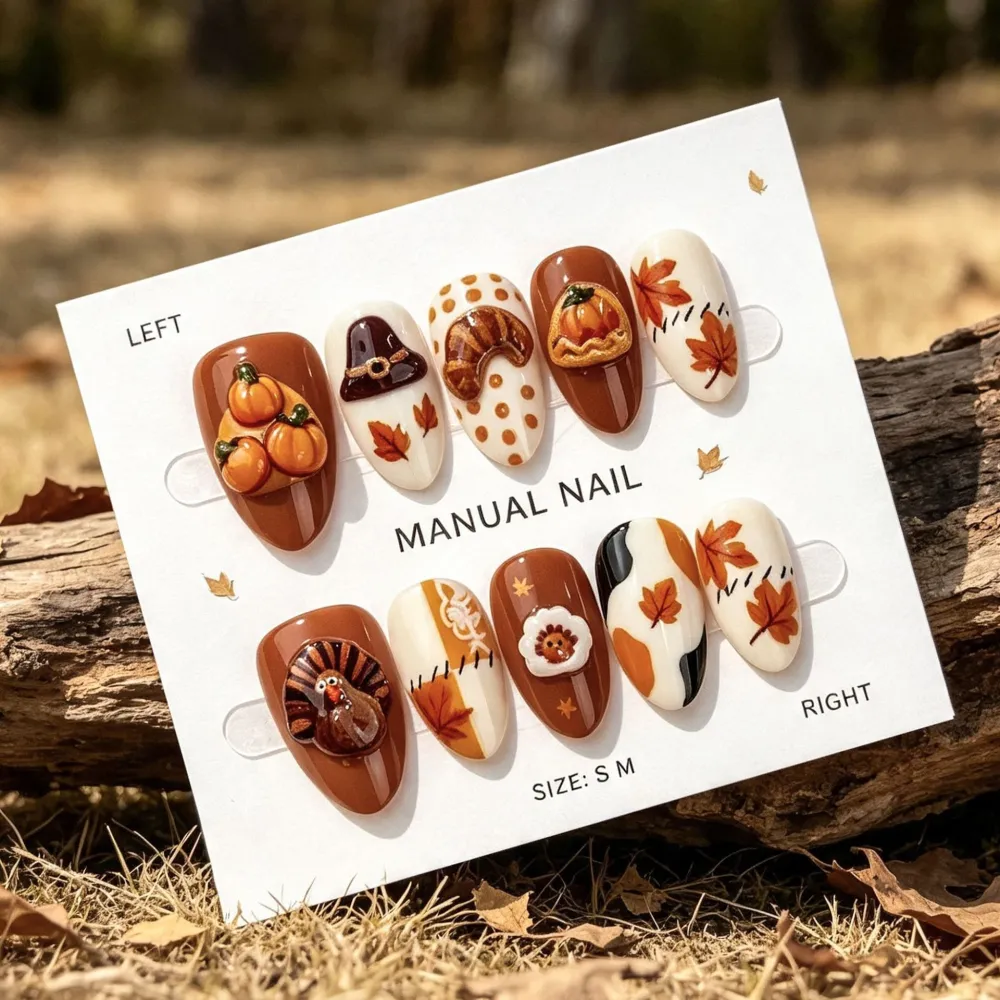 Nailhour 30Pcs Thanksgiving Autumn Medium Almond French Press On Nails