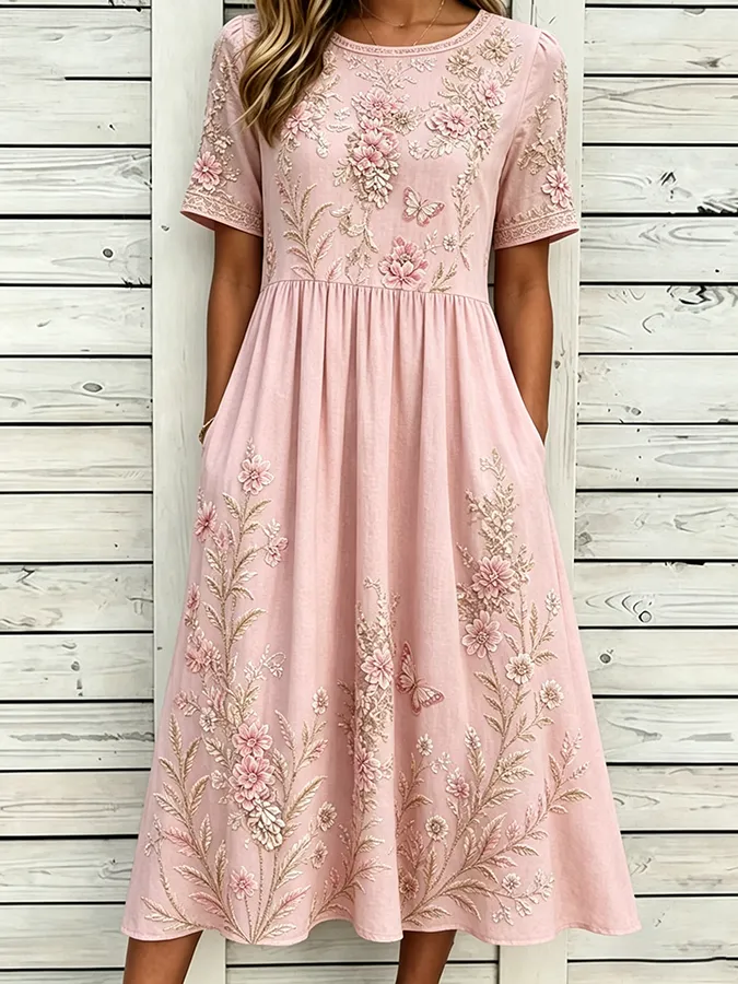 Women's Floral print Cotton Linen Short-Sleeved Dress