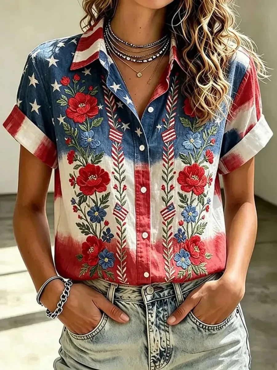 Women's American Flag Floral Casual Shirt
