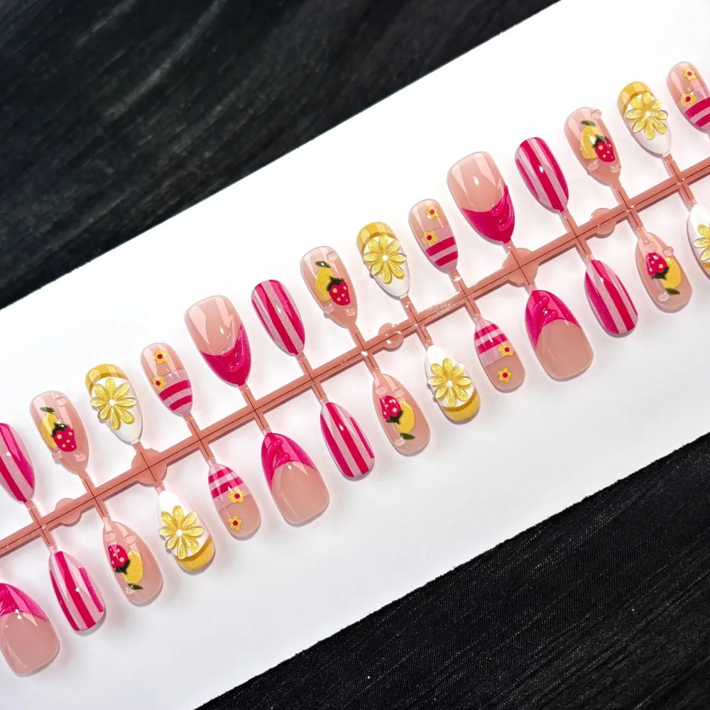 Nailhour 30Pcs Strawberry Lemon 3D Medium Almond French Press On Nails