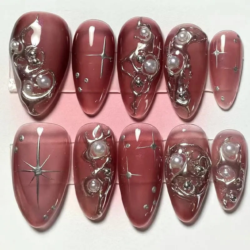 Nailhour 30Pcs 3D Dark Punk Red Rhinestone Party Short Almond Press On Nails