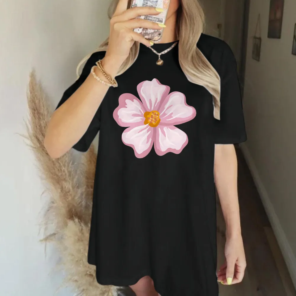 Casual T-Shirt With Pink And White Floral Pattern.