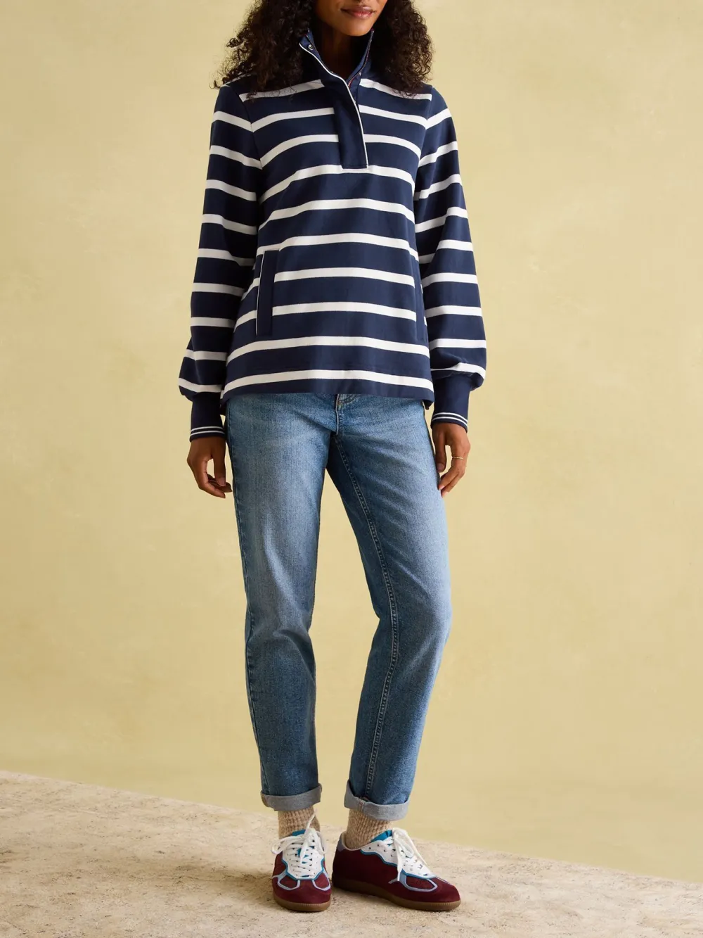 Deep Ribbed Cuffs Navy Blue Funnel Neck Quarter Zip Sweatshirt
