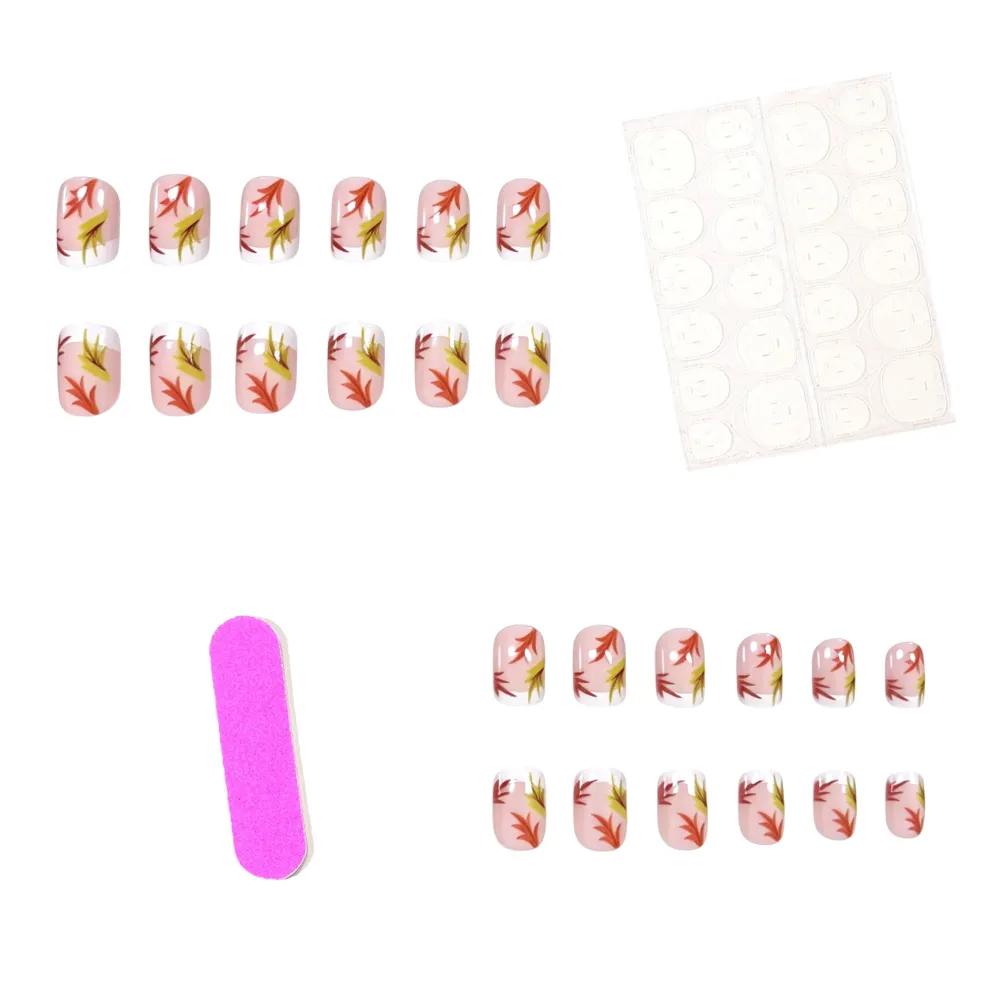 Nailhour 24Pcs Floral French Autumn Short Square Press On Nails
