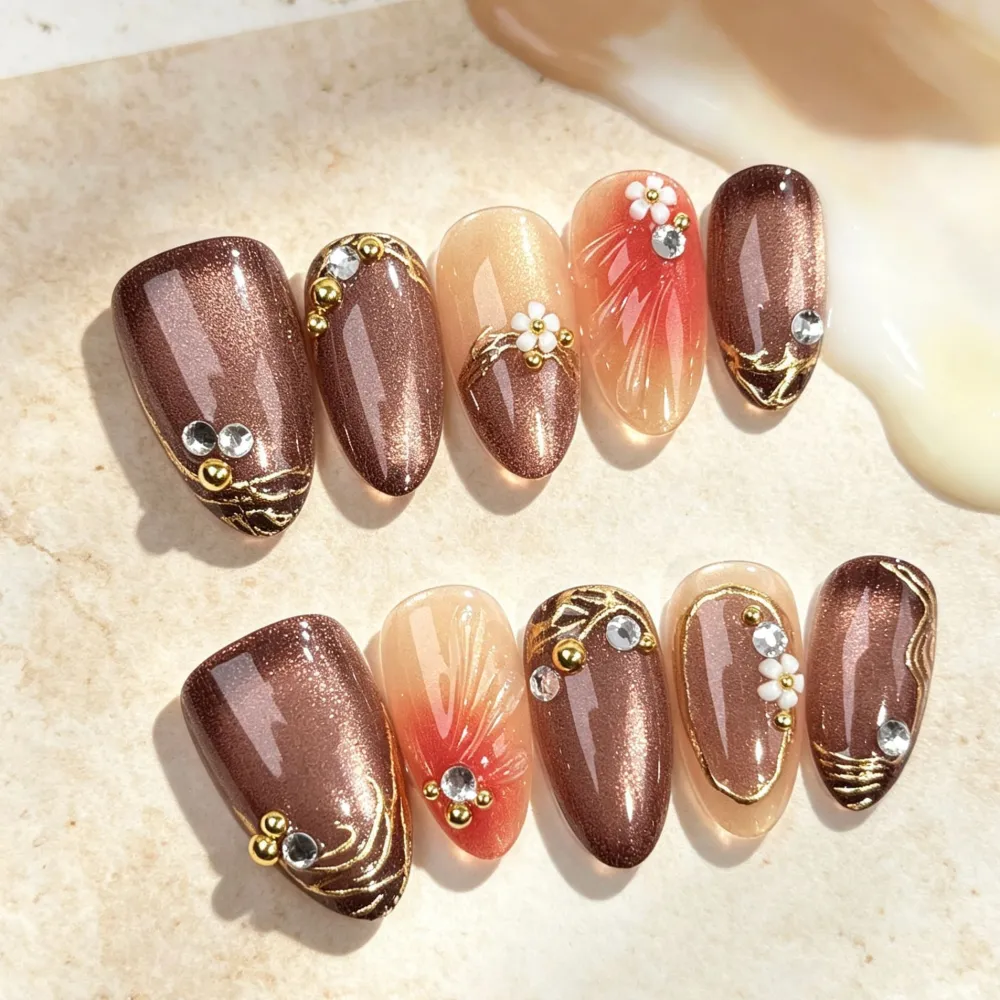 Nailhour 30Pcs Brown Autumn Floral 3D Medium Almond French Press On Nails