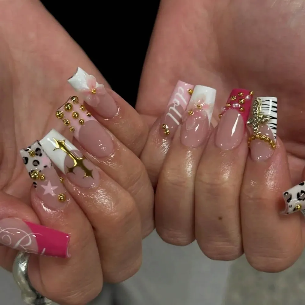 Nailhour 24Pcs 3D Long Square Rhinestone Press On Nails