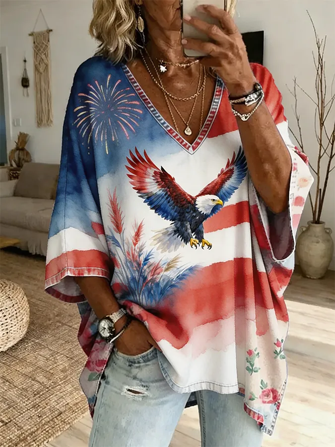 Women'S 4th Of July Firework Eagle Patriotic Flag Gradient Loose Blouse