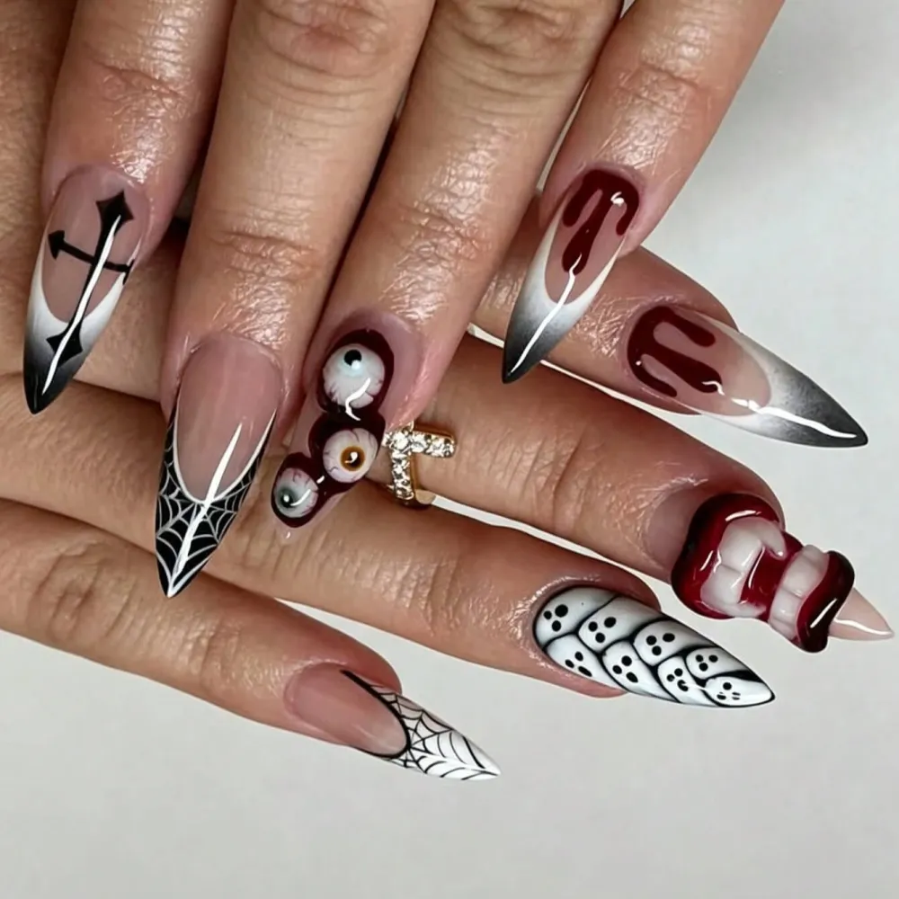 Nailhour 30Pcs Halloween 3D Chrome Long Almond Press On Nails