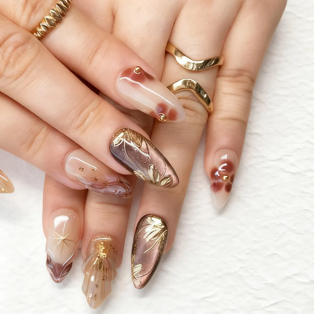Nailhour 30Pcs Gilded Cat Eye Medium Almond Press On Nails