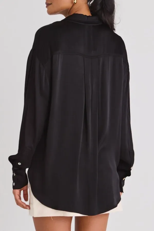 Black Satin Long - Sleeve Button - Up