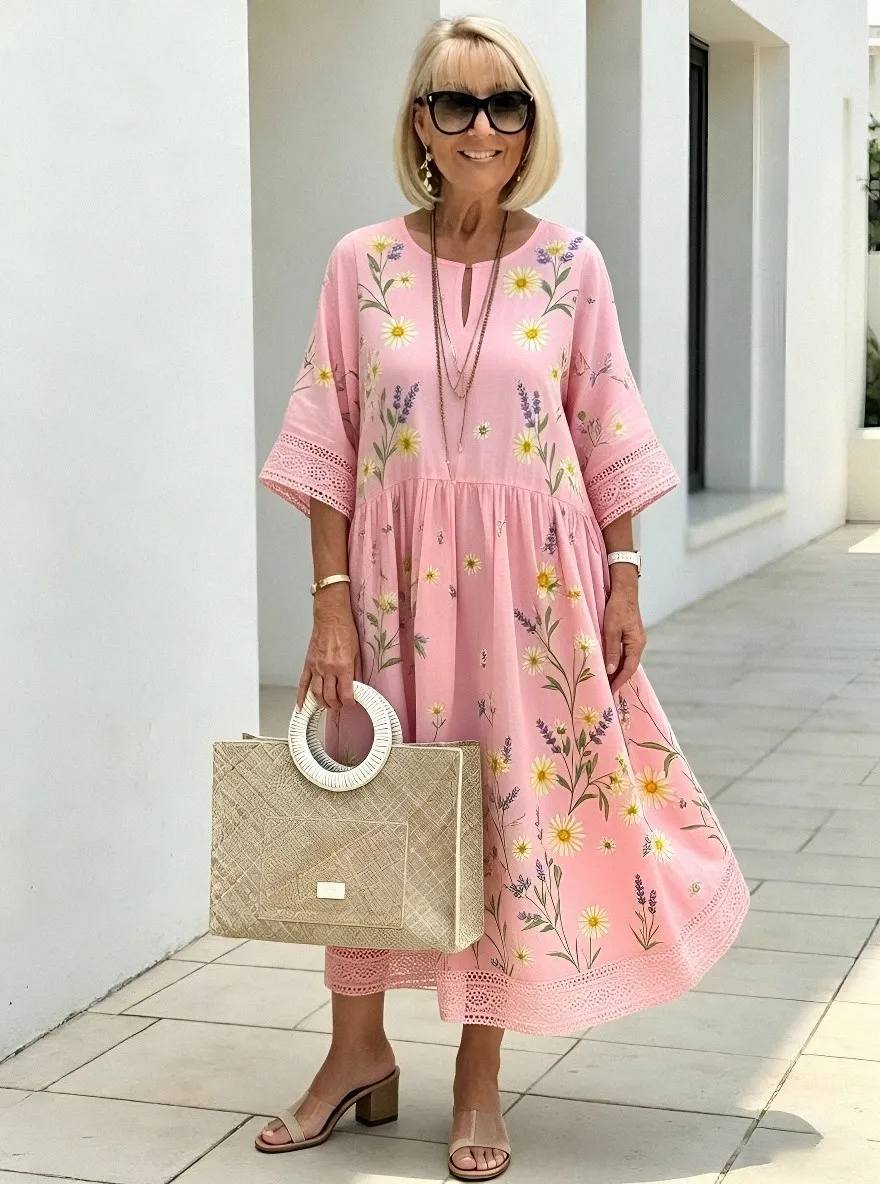 Women's Summer Vacation Floral Botanical Printed Midi Dress