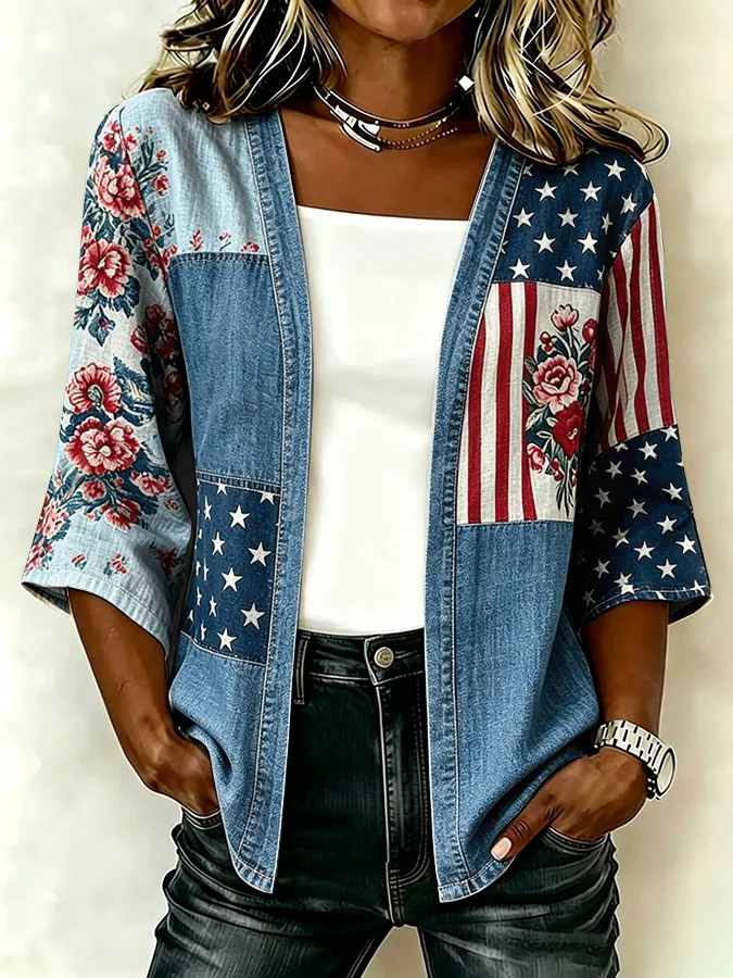 Women'S Casual Loose Independence Day Patriotic Cardigan