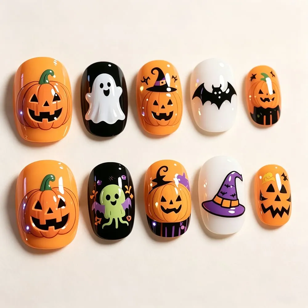 Nailhour 30Pcs Halloween Short Squoval Cute Pumpkin Press On Nails