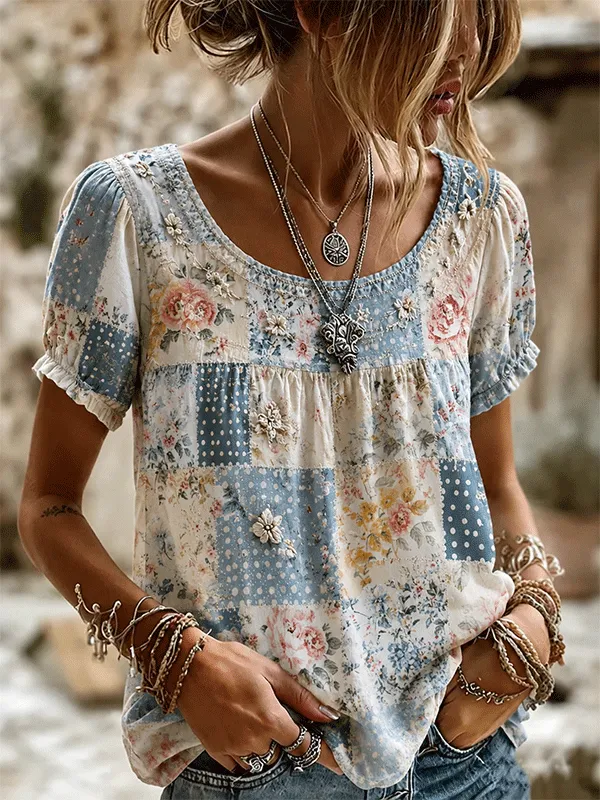 Women's Boho Floral Patchwork Embroidered Puff Sleeve Top