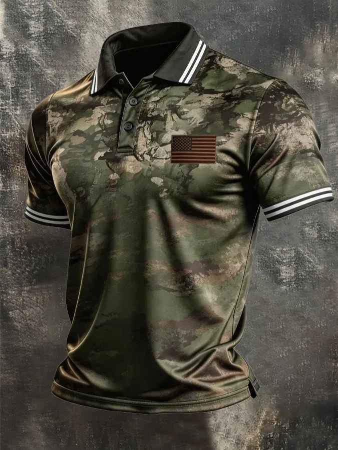 Men'S American flag Print Casual Polo Shirt