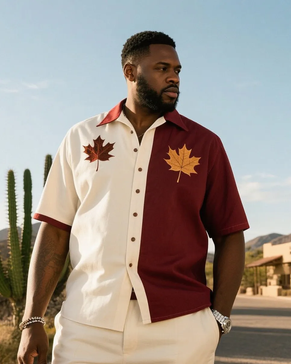 Men'S Plus Size Western Denim Color Matching Maple Leaf Print Short Sleeve Shirt