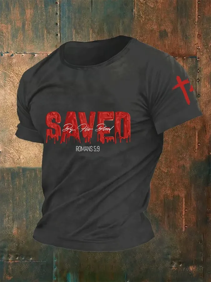 Men'S Saved By His Blood Print Casual T-Shirt