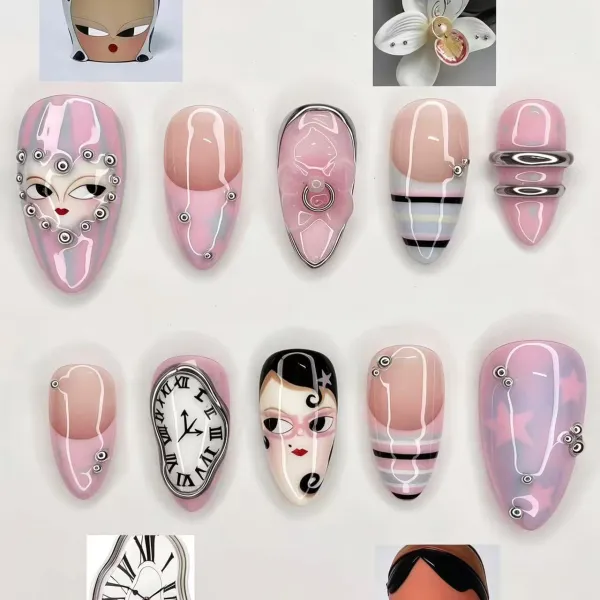 Nailhour 30Pcs Y2K 3D Chrome Sleepwalking Doll Medium Almond Press On Nails