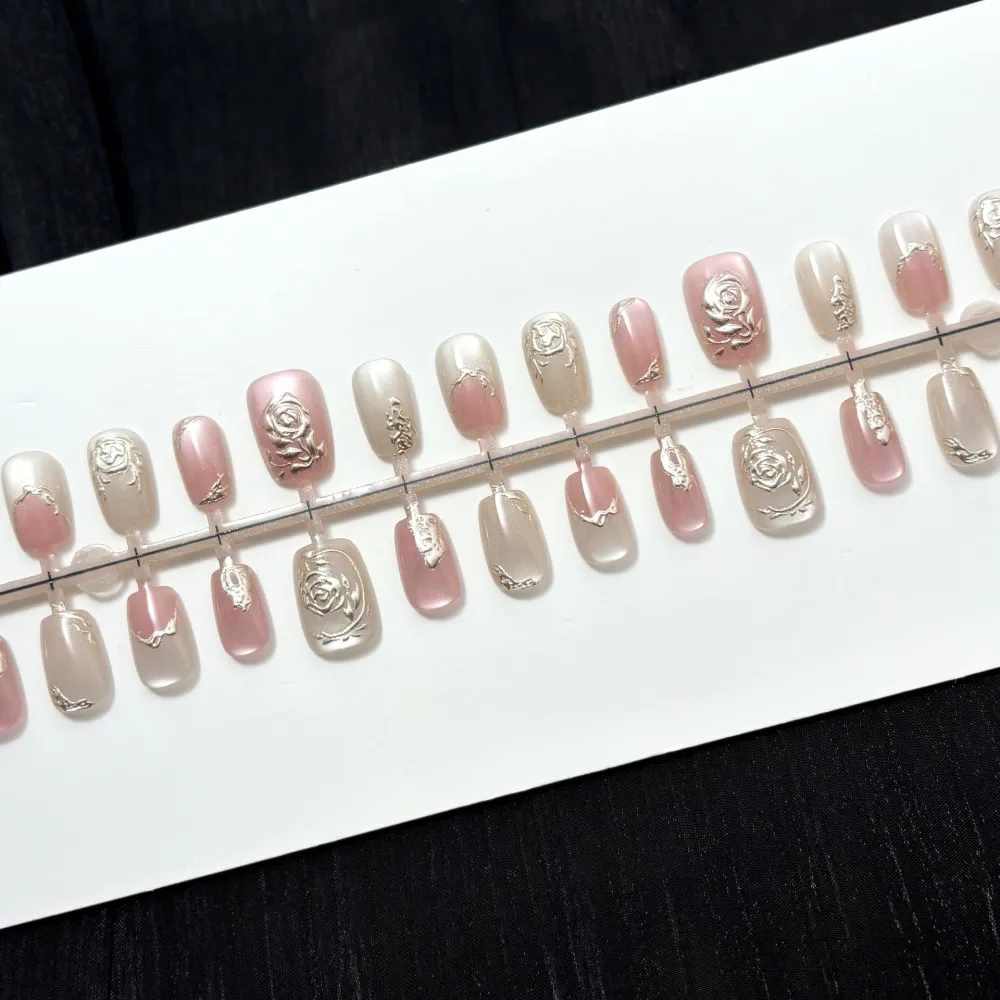 Nailhour 30Pcs Floral Rose Gilded Medium Square French Press On Nails