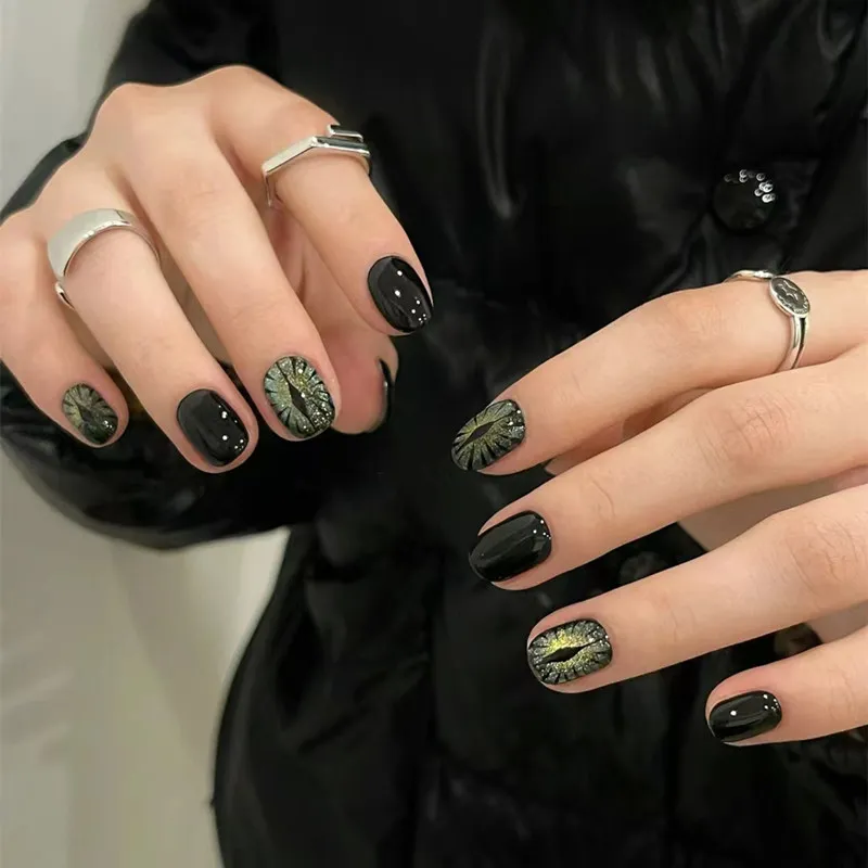 Nailhour 24Pcs Black Starry Sky Cat's Eye Devil Eye Oval Press On Nails