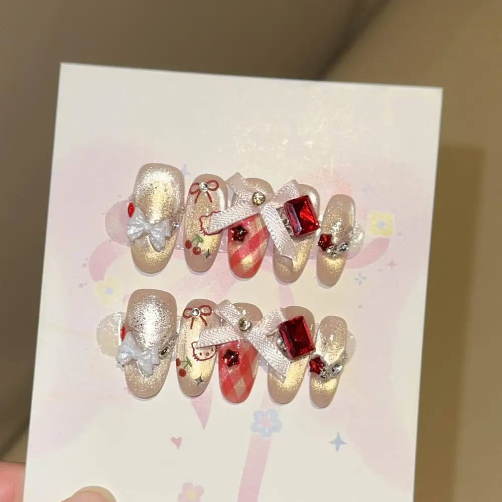 Nailhour Handmade 10Pcs 3D Cat Eye Rhinestone Long Oval Press On Nails