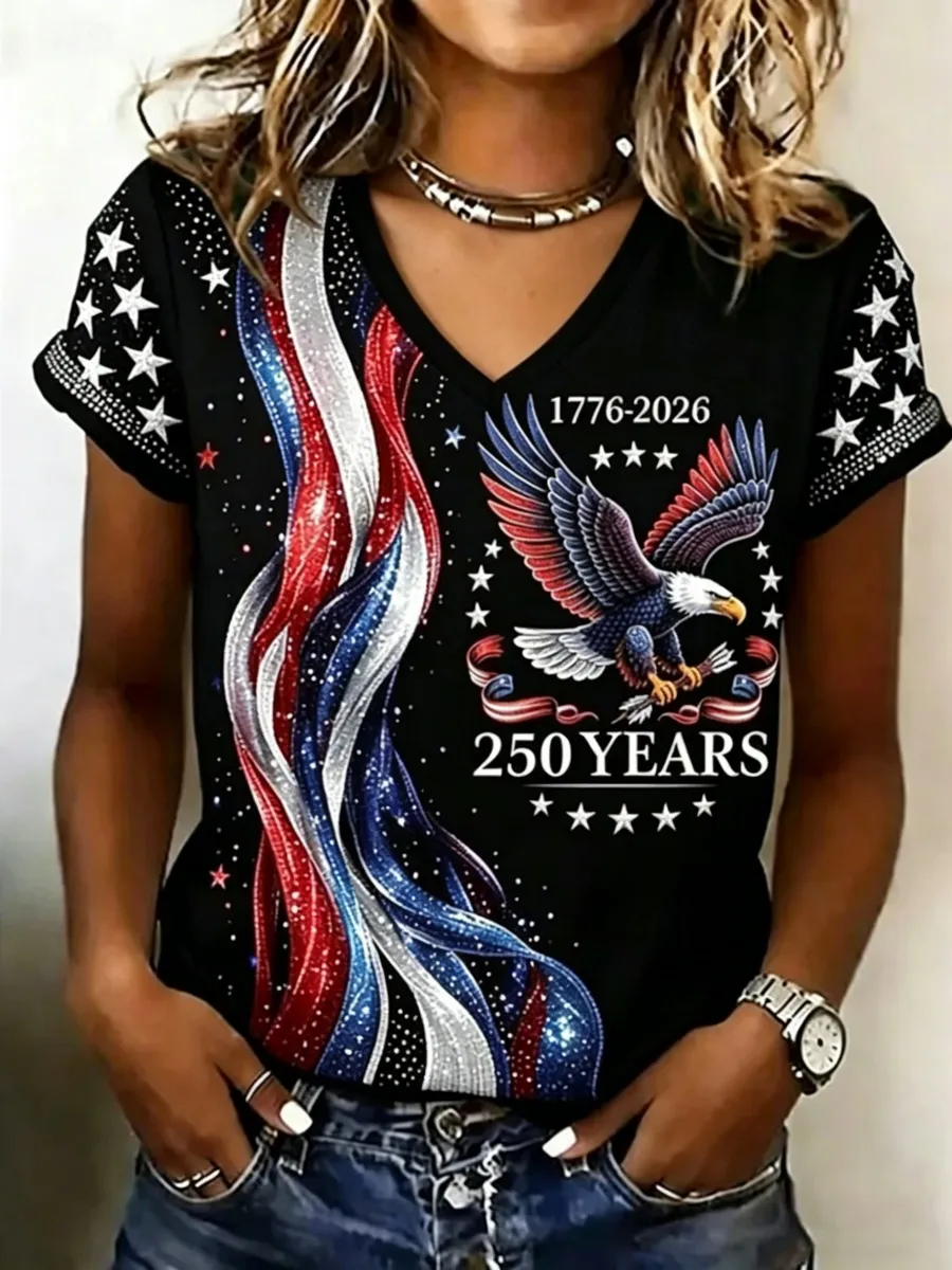 Retro 250th Anniversary Glitter Design Women's V Neck T-Shirt