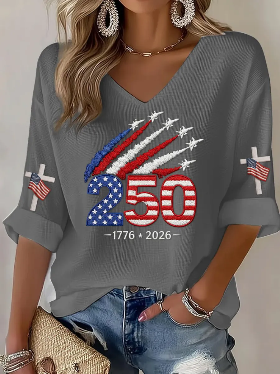 Women's 1776-2026 Anniversary Celebration Printed Half Sleeve V-Neck T-Shirt
