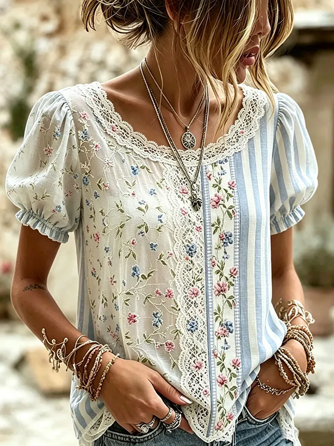 Women's Boho Floral Patchwork Embroidered Puff Sleeve Top