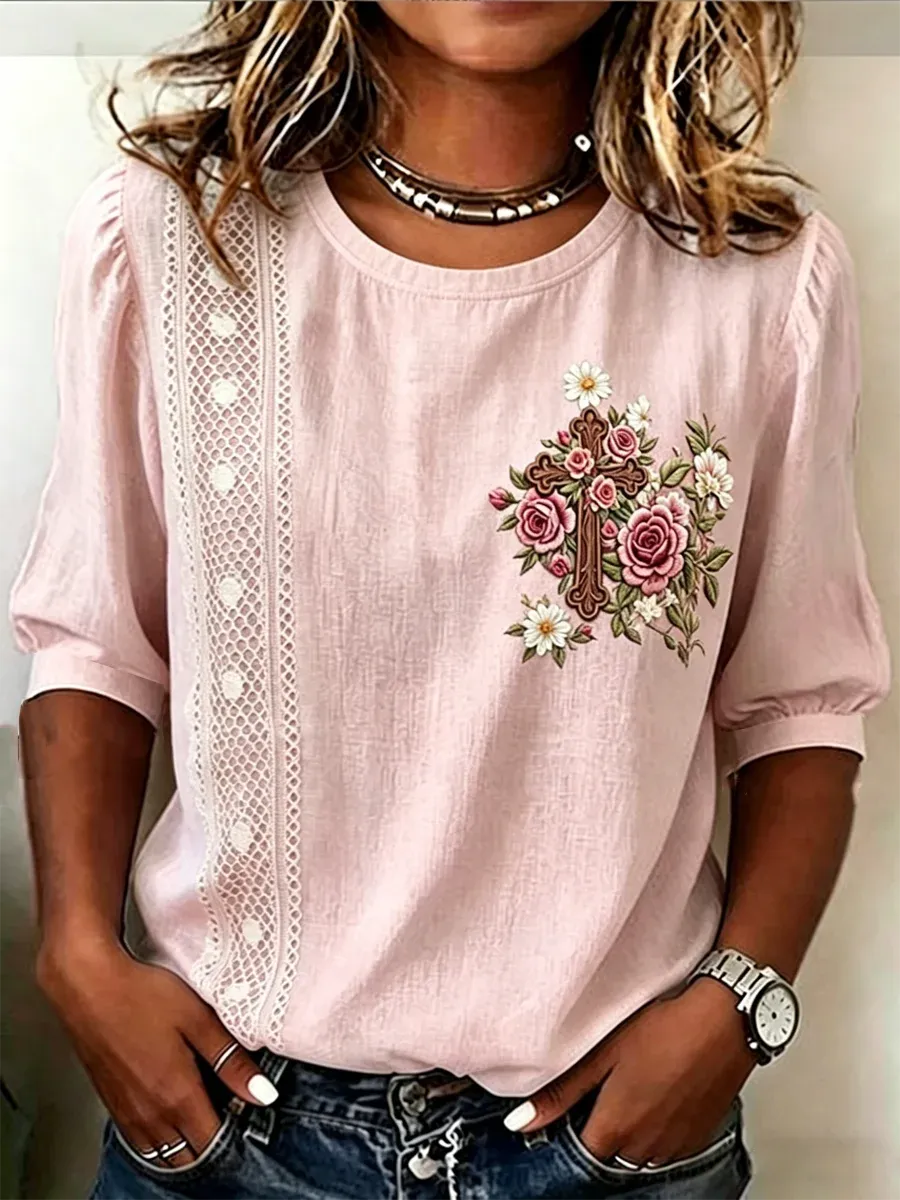 Women'S Cotton And Linen Floral Print Top